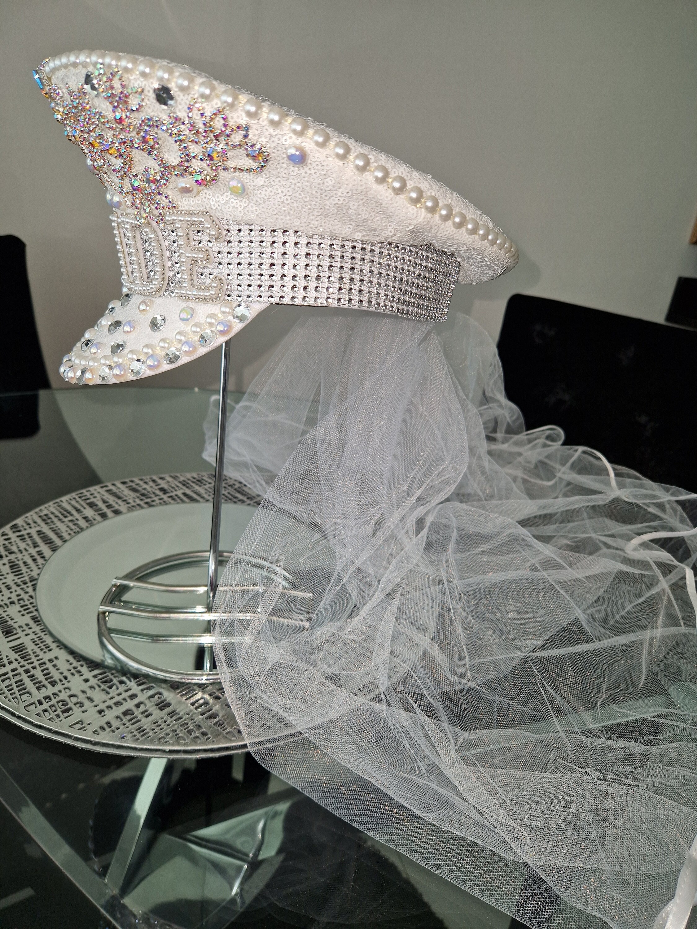 Pink & White Pearl Bride Rhinestone Studded Captain Hat Linda Hot Pink Angel Eye Crystal & Sequin Embellished  main image 2