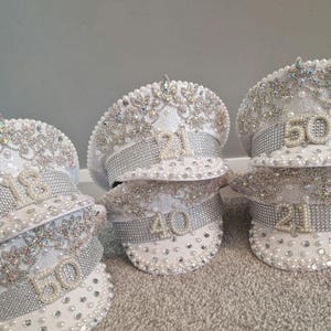 Crystal Rhinestone Pearl Embellished Captain Military Hat Birthday 21 , 30, 40 ,50 etc.
