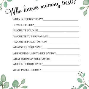 Baby shower game who knows mummy best Eucalyptus theme | Etsy