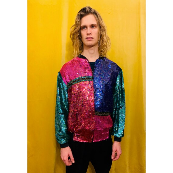 Vintage unisex colourful sequins silk bomber jacke