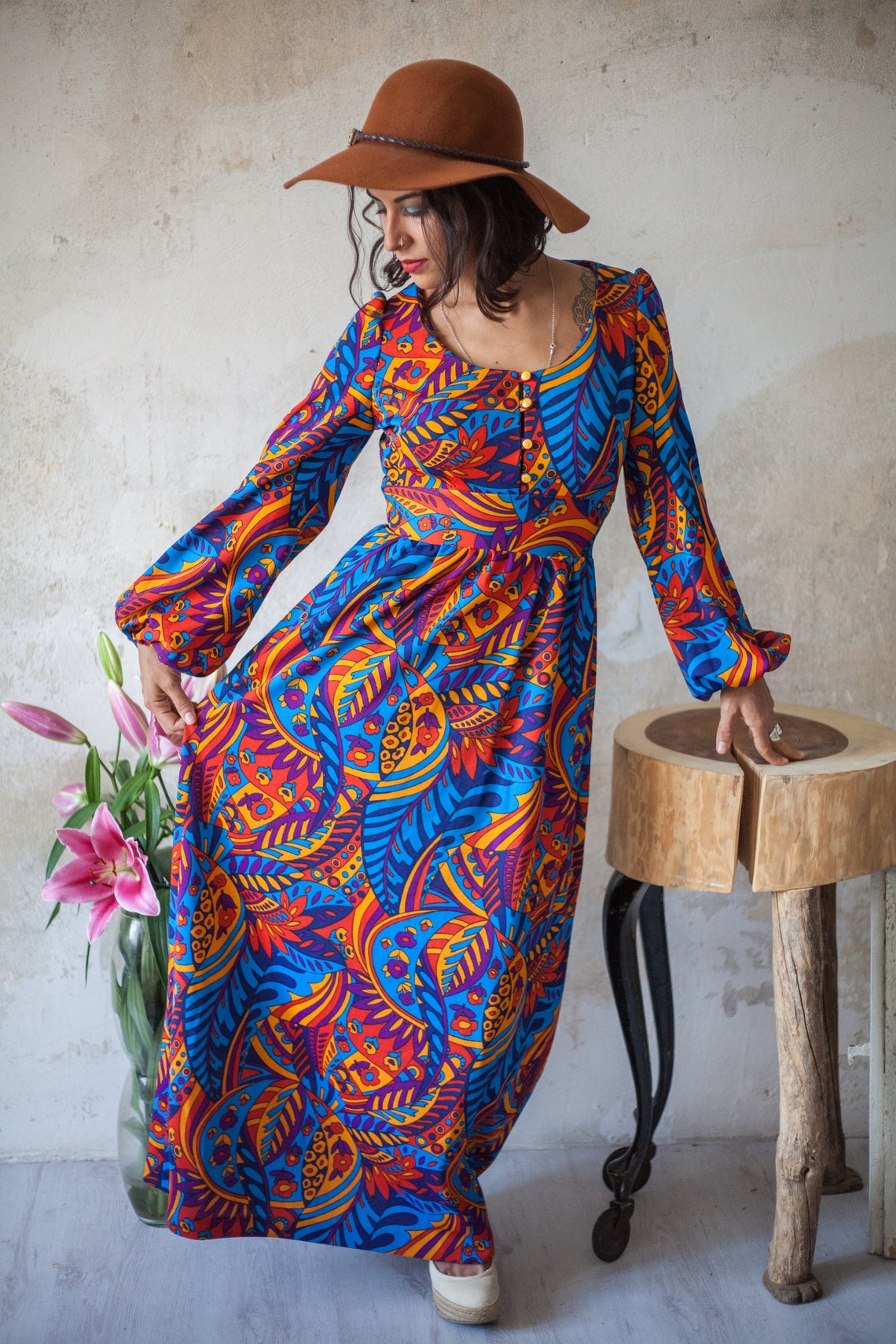 Robe psychédélique vintage des années 70 avec manches évasées Etsy