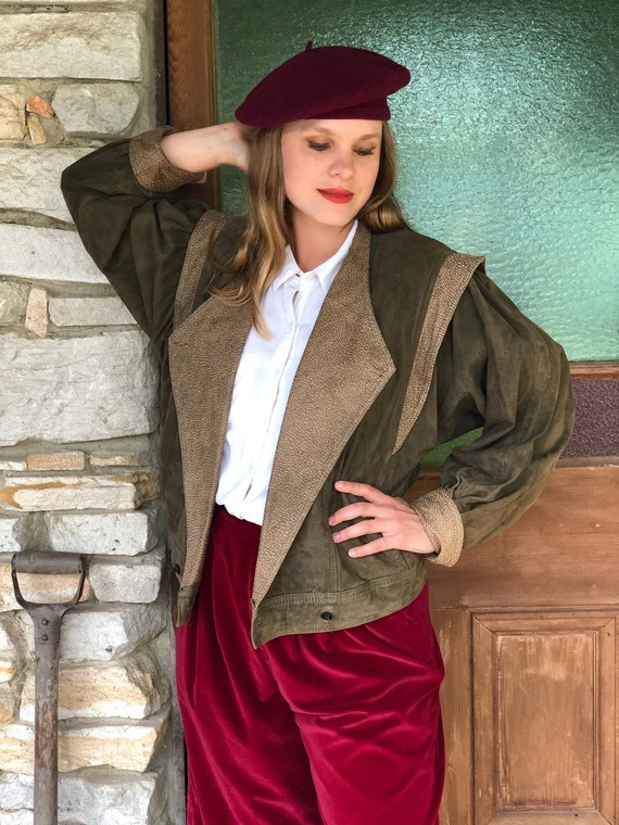 Vintage Olive Green Leather suede Jacket with stat