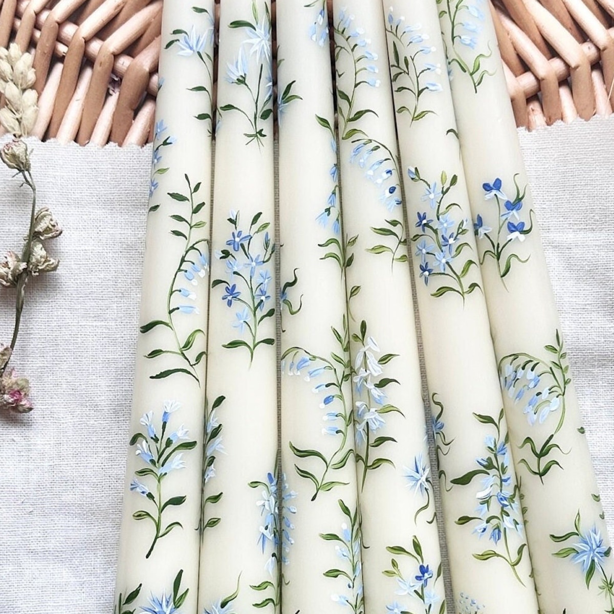Pair of Blue Floral Hand Painted Candles