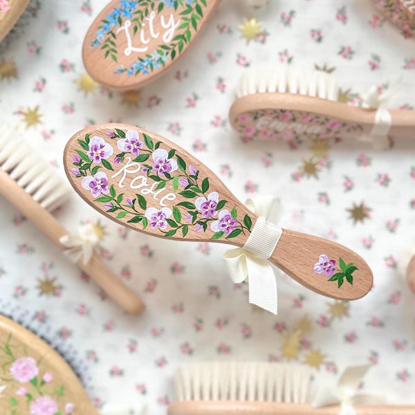 Personalised Birth Flower Hair Brush, Custom Baby Brush, Christening Keepsake, Heirloom Hair Brush, Christening Gift, Flower Girl Gift