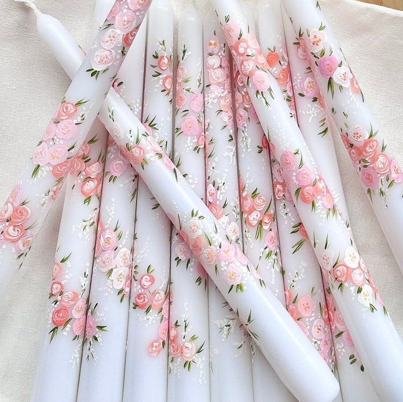 Hand Painted Taper Candles, Floral Candles, White Dinner Candles, Wedding Candles, Anniversary Candles, Wedding Favours, Dinner Candles image 1
