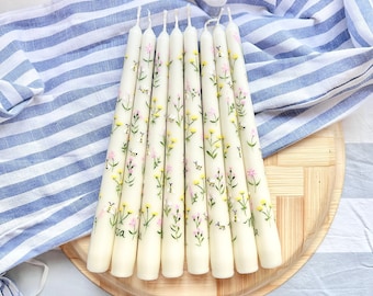Hand Painted Floral Taper Candle, Cottagecore Table Decor for Weddings, Christenings, Anniversaries & Spring Celebrations
