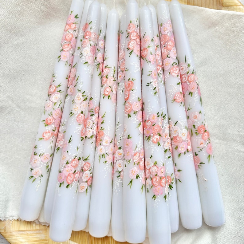 Hand Painted Taper Candles, Floral Candles, White Dinner Candles, Wedding Candles, Anniversary Candles, Wedding Favours, Dinner Candles image 2