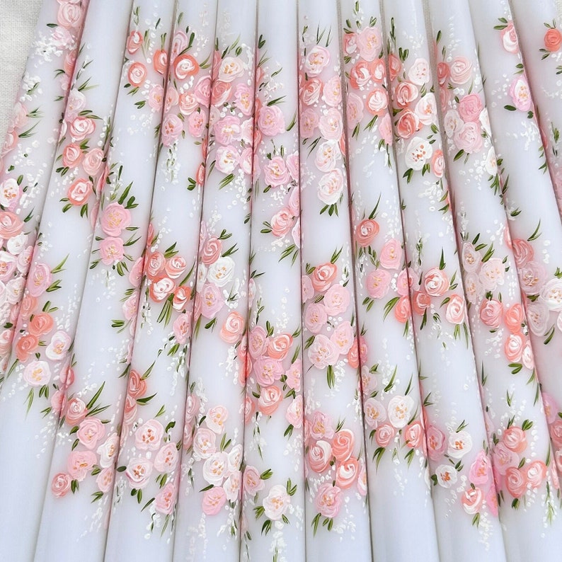 Hand Painted Taper Candles, Floral Candles, White Dinner Candles, Wedding Candles, Anniversary Candles, Wedding Favours, Dinner Candles image 3