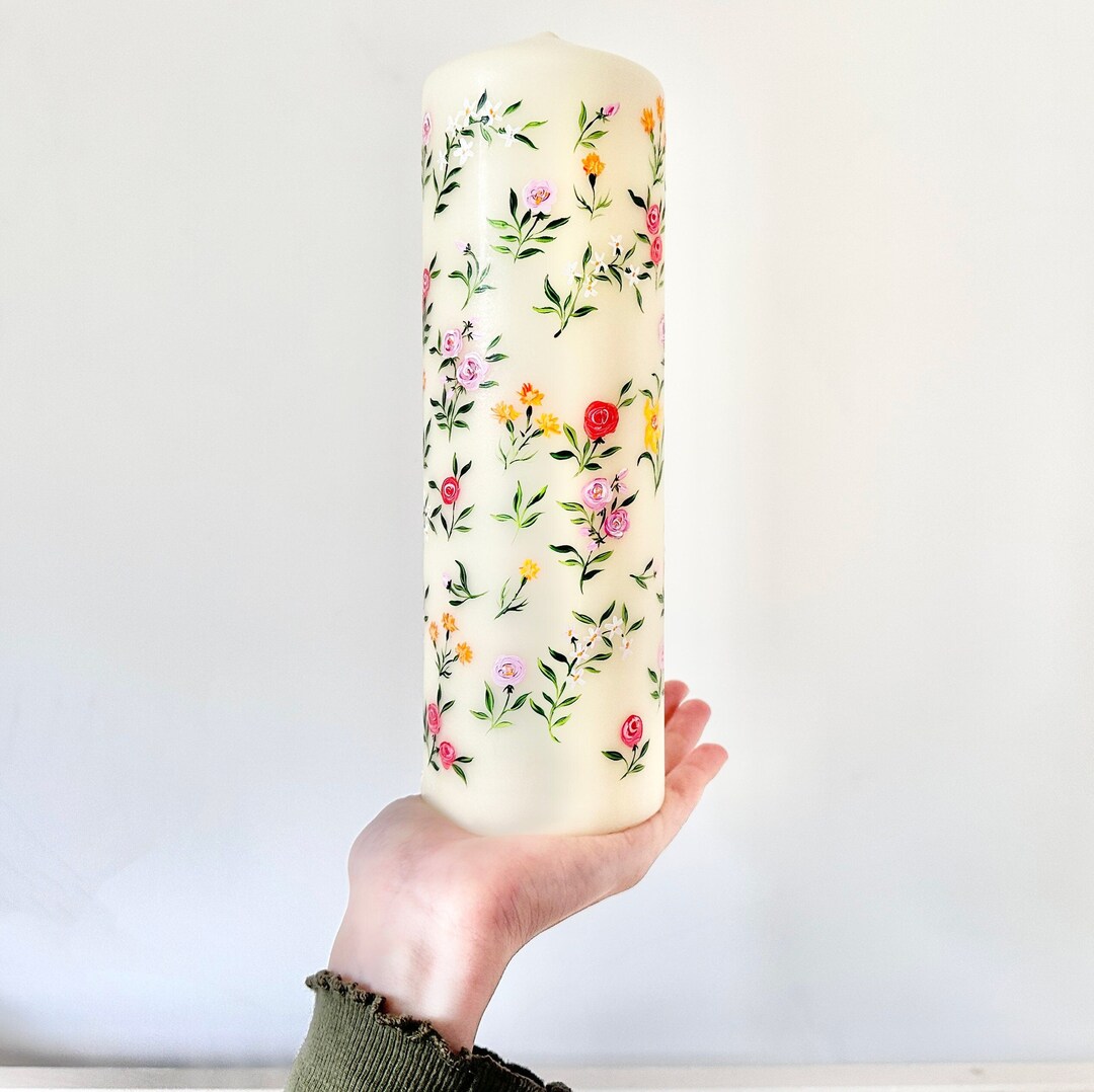Hand Painted Pillar Candles, Large Pillar Candle, Floral Candle, Floral