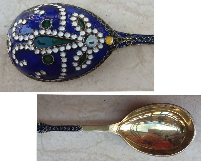 Vintage Soviet Era Russian 916 Silver Gilt and Cloisonne Enamel Teaspoon