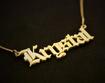 Krystal style Name Necklace • Old English 1 MM Name Necklace • Gold Plated 18K Name Necklace Custom • Vintage Font Gothic Name Necklace Gift