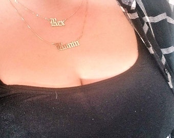 Old English Name Necklace 18K • SMILF TV Series • 1 MM Name Necklace Gold Plated Custom • Vintage Font Gothic Name Necklace