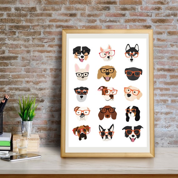 Dogs With Glasses Art Print Dog Wall Decor Giclée Gift Portrait