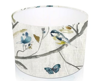 Voyage Maison Collector Watercolour Blue Bird Drum Lampshade Ceiling Light / Table Lamp / Pendant, Floral Watercolour Flowers Multicoloured