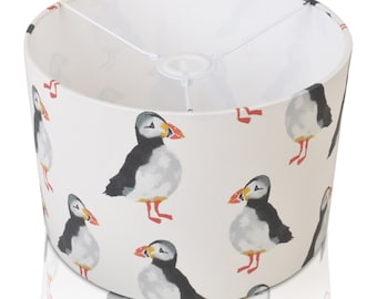 Prestigious 'Cutest little Puffin in the world' Drum Lampshade, Table/Ceiling Pendant Light Shade, Animal Wildlife White Home Decor, UK