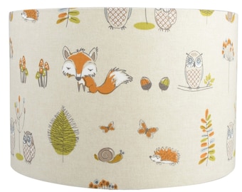 Fryetts Fox & Owl Children's Drum Lampshade, Table/Ceiling, Wildlife Nature Home Decor, Handmade in UK, Hedgehog, Modern Home Interior Decor