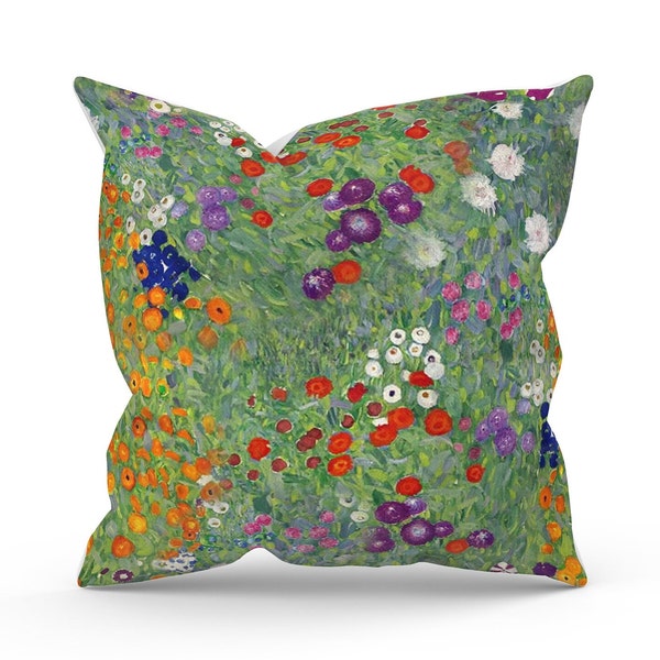 Gustav Klimt Flower Garden Outdoor Cushion with Fillers, Various Size, Handmade in UK, Colourful Modern garden Interior Decor, wild flowers