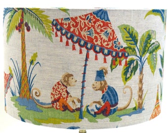 Cheeky Monkey Circus Linen Lampshade, Table Lamp, Pendant Shade, Forest Drum Shade Kids Animal Home/Room Decor, Made in Uk, Custom Lampshade