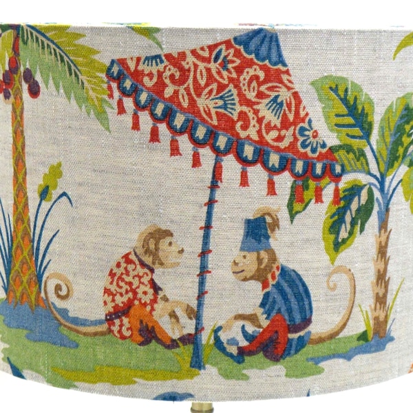 Abat-jour en lin de cirque de singe effronté, lampe de table, abat-jour pendentif, abat-jour de tambour de forêt enfants animal maison/décor de chambre, fabriqué au Royaume-Uni, abat-jour personnalisé