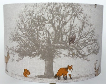 Fryetts Woodland Tree, Stag and Fox Lampshade | Table Lamp/ Ceiling Drum Shade | Pendant Shade | Colourful Home Decor Furniture Decoration