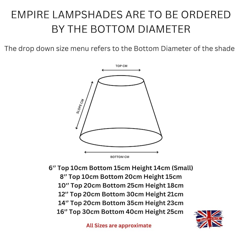 May include: Diagram showing how to order empire lampshades by bottom diameter. The diagram shows a cone-shaped lampshade with measurements for the top, bottom, and slope in centimeters. The text below the diagram lists different sizes of lampshades with their corresponding top, bottom, and height measurements in inches and centimeters.