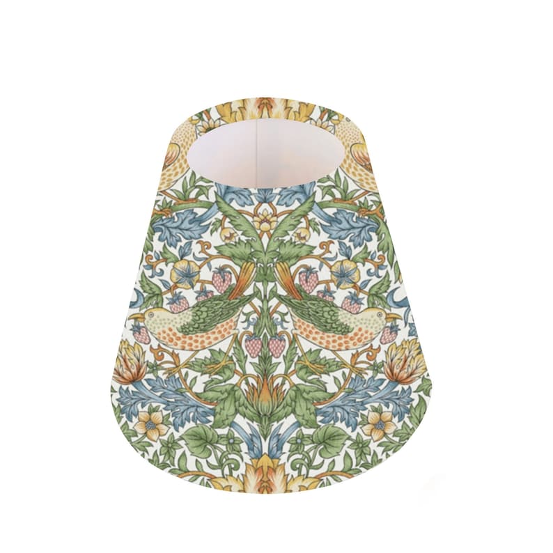 May include: A cone-shaped lampshade with a white background and a repeating pattern of birds, flowers, and leaves in shades of green, blue, yellow, and orange.