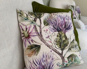 Voyage Maison Varys Violet Floral Cushion, Tartan Back, Home Decor Gift, Handmade in UK