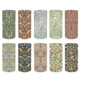 May include: Set of ten different patterned fabric swatches featuring floral and bird designs in various colours, including green, blue, red, and brown.
