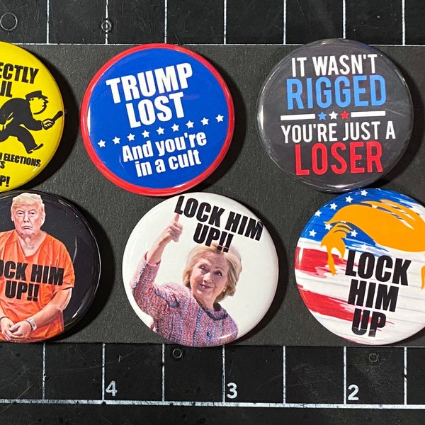 Anti Trump Pins. 1.25" set of 6 ANTI-Trump buttons. Anti Trump pin, Hate Trump, LOCK Him Up, Go Directly To Jail, You're In a Cult, Hillary