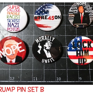 Anti Trump Pins.  1.25&quot; set of 6 ANTI-Trump buttons. Anti Trump button, Hate Trump, Lock Him Up, Impeach Trump, Trump Sucks, Prison - Set B