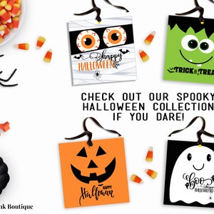 May include: Four printable Halloween gift tags with different designs. The tags feature a mummy with googly eyes, a Frankenstein monster, a jack-o-lantern, and a ghost. The tags are black and white with orange, green, and red accents. The text on the tags reads "Happy Halloween", "Trick or Treat", "Boo Happy Halloween", and "Happy Halloween".