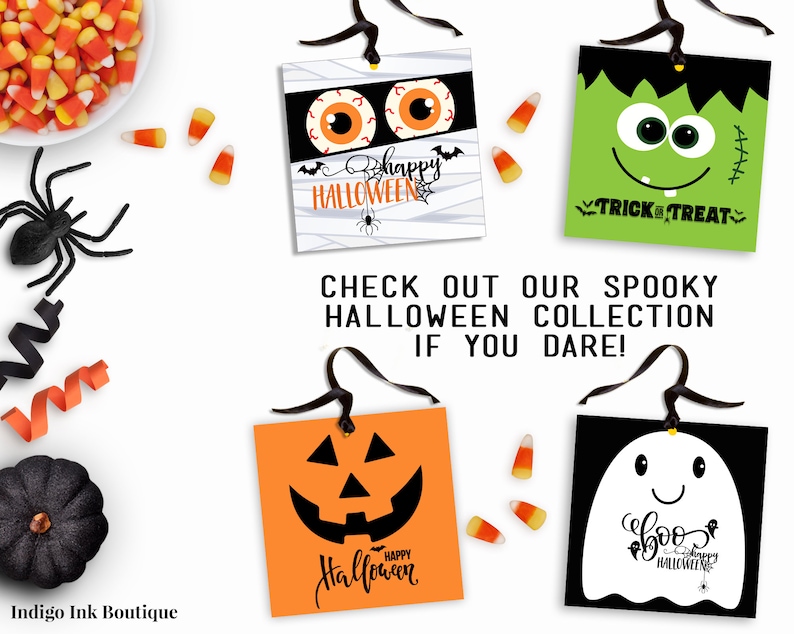 May include: Four printable Halloween gift tags with different designs. The tags feature a mummy with googly eyes, a Frankenstein monster, a jack-o-lantern, and a ghost. The tags are black and white with orange, green, and red accents. The text on the tags reads "Happy Halloween", "Trick or Treat", "Boo Happy Halloween", and "Happy Halloween".