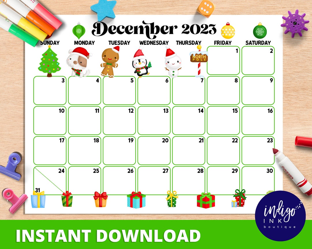 December Calendar INSTANT DOWNLOAD Monthly Planner Digital Calendar Kid ...