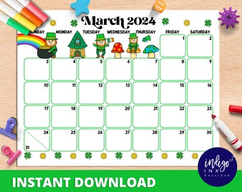 March 2024 Calendar INSTANT DOWNLOAD | Monthly Planner Digital Calendar | Kid Monthly Calendar Printable