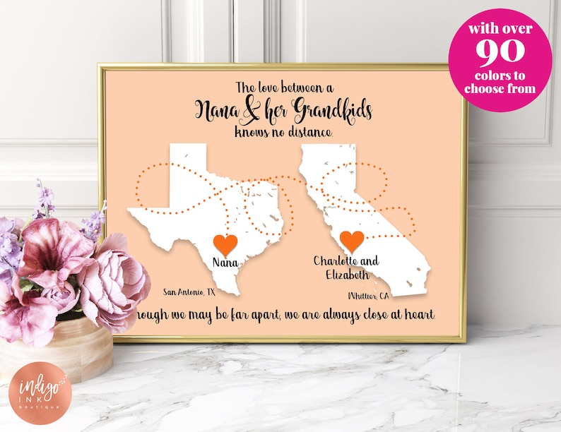 May include: A peach-colored printable art print with a map of Texas and California connected by a dotted line. The text reads "The love between a Nana & her Grandkids knows no distance" and "rough we may be far apart, we are always close at heart".