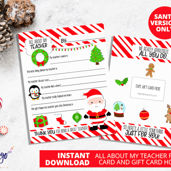 Kerstcadeau voor leraar | Leraarwaarderingskaart voor leraar | Leraar Bedankt | Cadeau voor leraar INSTANT DOWNLOAD