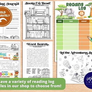 May include: A set of printable reading log pages for kids featuring a jungle theme with animals like a giraffe, elephant, and lion. The pages include a reading journal, a book log, a word search, and a coloring page.