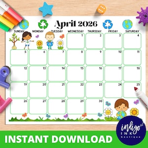 April 2026 Calendar INSTANT DOWNLOAD | Monthly Planner Digital Calendar | Kid Monthly Calendar Printable