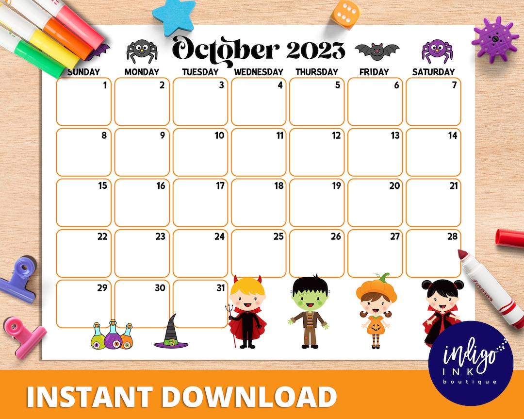 October Calendar INSTANT DOWNLOAD Monthly Planner Digital Calendar Kid ...