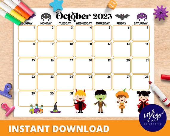 October Calendar INSTANT DOWNLOAD | Monthly Planner Digital Calendar | Kid  Monthly Calendar Printable | Organization for Kids PDF Calendar by Indigo  Ink Boutique | Catch My Party
