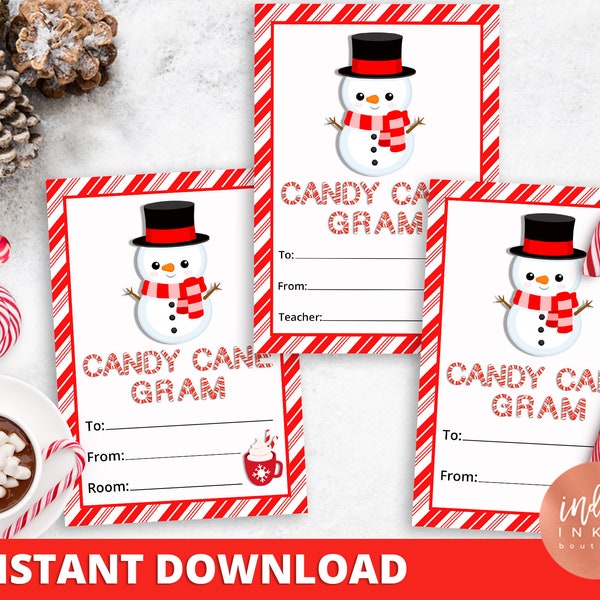 Candy Cane Gram Holiday Tags DOWNLOAD IMMEDIATO / Tag favore pupazzo di neve / Tag festa di Natale stampabili / Porta bastoncino di zucchero