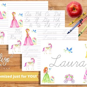 May include: Printable handwriting practice sheets featuring a princess, unicorn, and castle illustrations. The sheets include cursive letter tracing and name writing practice. The text on the sheet reads "Laura".