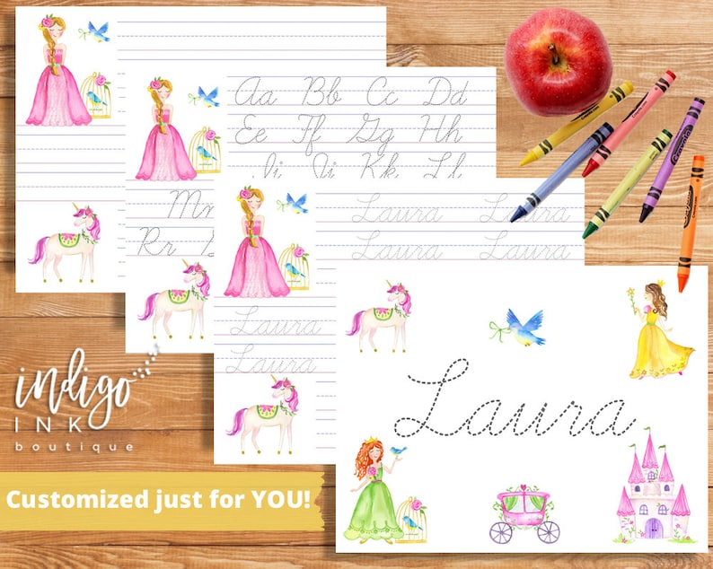 May include: Printable handwriting practice sheets featuring a princess, unicorn, and castle illustrations. The sheets include cursive letter tracing and name writing practice. The text on the sheet reads "Laura".