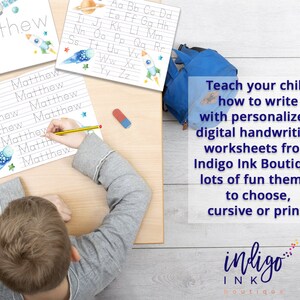 May include: A child is writing the name "Matthew" on a lined sheet of paper with a yellow pencil. The paper has a space theme with planets, stars, and rockets. The text "Teach your child how to write with personalized digital handwriting worksheets from Indigo Ink Boutique. Lots of fun themes to choose, cursive or print." is visible in the image. The text "indigo ink boutique" is also visible in the image.