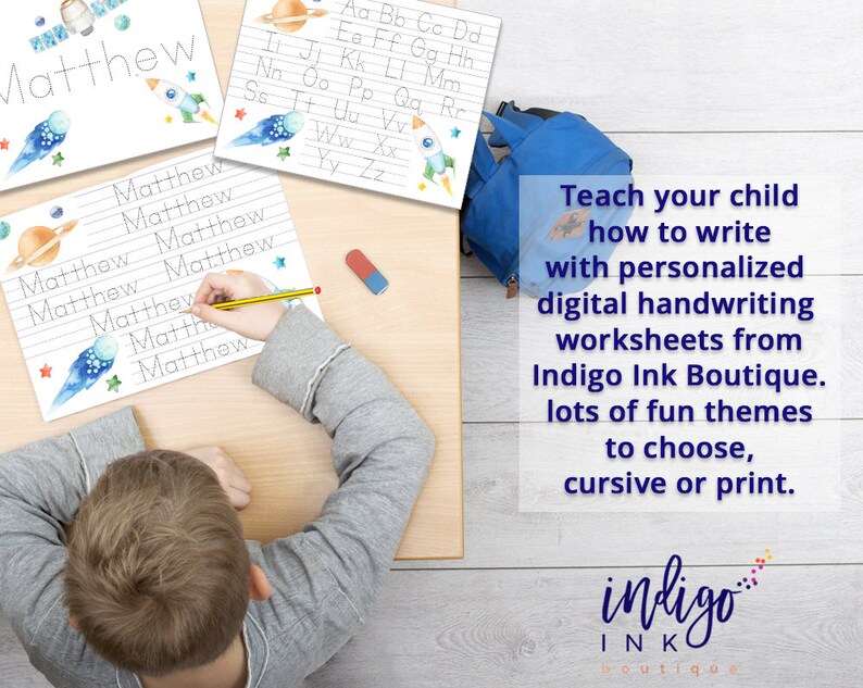 May include: A child is writing the name "Matthew" on a lined sheet of paper with a yellow pencil. The paper has a space theme with planets, stars, and rockets. The text "Teach your child how to write with personalized digital handwriting worksheets from Indigo Ink Boutique. Lots of fun themes to choose, cursive or print." is visible in the image. The text "indigo ink boutique" is also visible in the image.