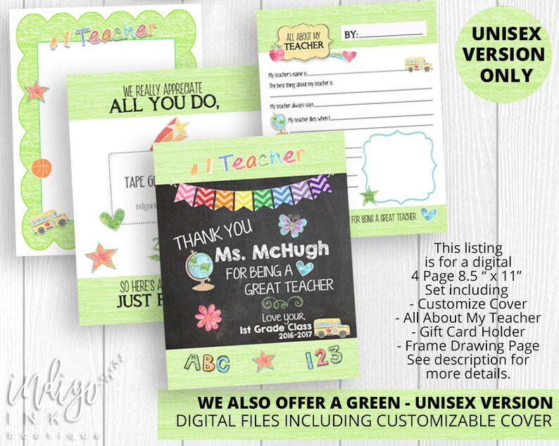 May include: A printable teacher appreciation gift set with a chalkboard background. The set includes a thank you card, a gift card holder, a frame drawing page, and an all about my teacher page. The text on the thank you card reads "Thank You Ms. McHugh for being a great teacher. Love your 1st Grade Class 2016-2017".