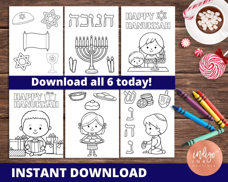 Hanukkah Coloring Pages INSTANT DOWNLOAD Chanukah Coloring Sheets Printables for Kids Kids Coloring Printable Hannukah Activity image 1