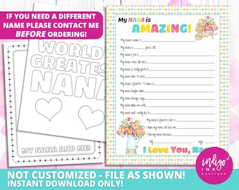 All About My Nana Kid Questionnaire Mothers Day Gift INSTANT DOWNLOAD | Happy Mother's Day Gift for Nana | Nana Printable | Nana Birthday