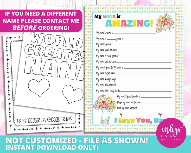 K&ouml;nnte beinhalten: Ausdruckbare Ausf&uuml;ll-Aktivit&auml;t f&uuml;r Kinder, um &uuml;ber ihre Oma zu schreiben. Die Seite hat ein farbenfrohes Blumenmuster und den Text "My Nana is Amazing!" oben. Der Text "I Love You, Nana" befindet sich unten auf der Seite.