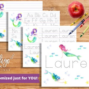 May include: Printable worksheet featuring a mermaid with a crown and a star. The worksheet includes tracing lines for the letters of the alphabet and the name "Lauren".